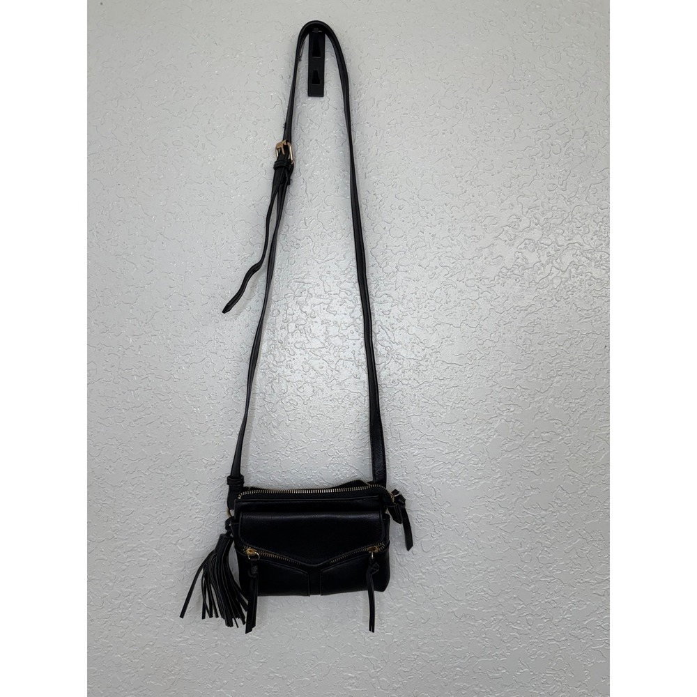 Black‎ Faux Leather Crossbody Bag with Tassel Detail and Gold Zipper Accents